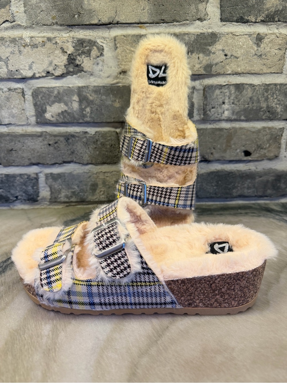 Dirty Laundry Plaid Fur-Lined Slide Sandals in Beige and Brown